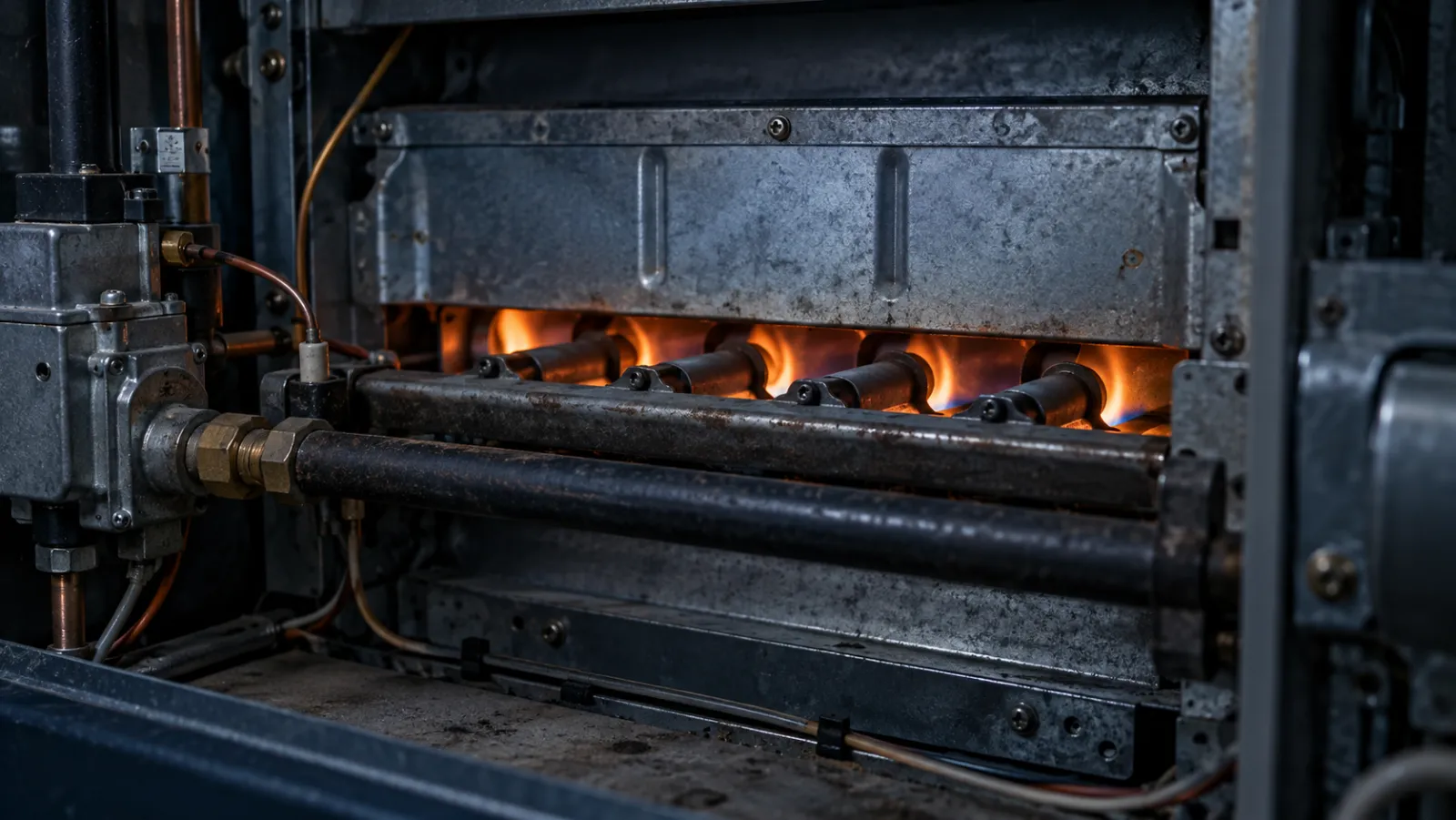 Illustrative furnace burner rail glowing beneath a steel heat exchanger