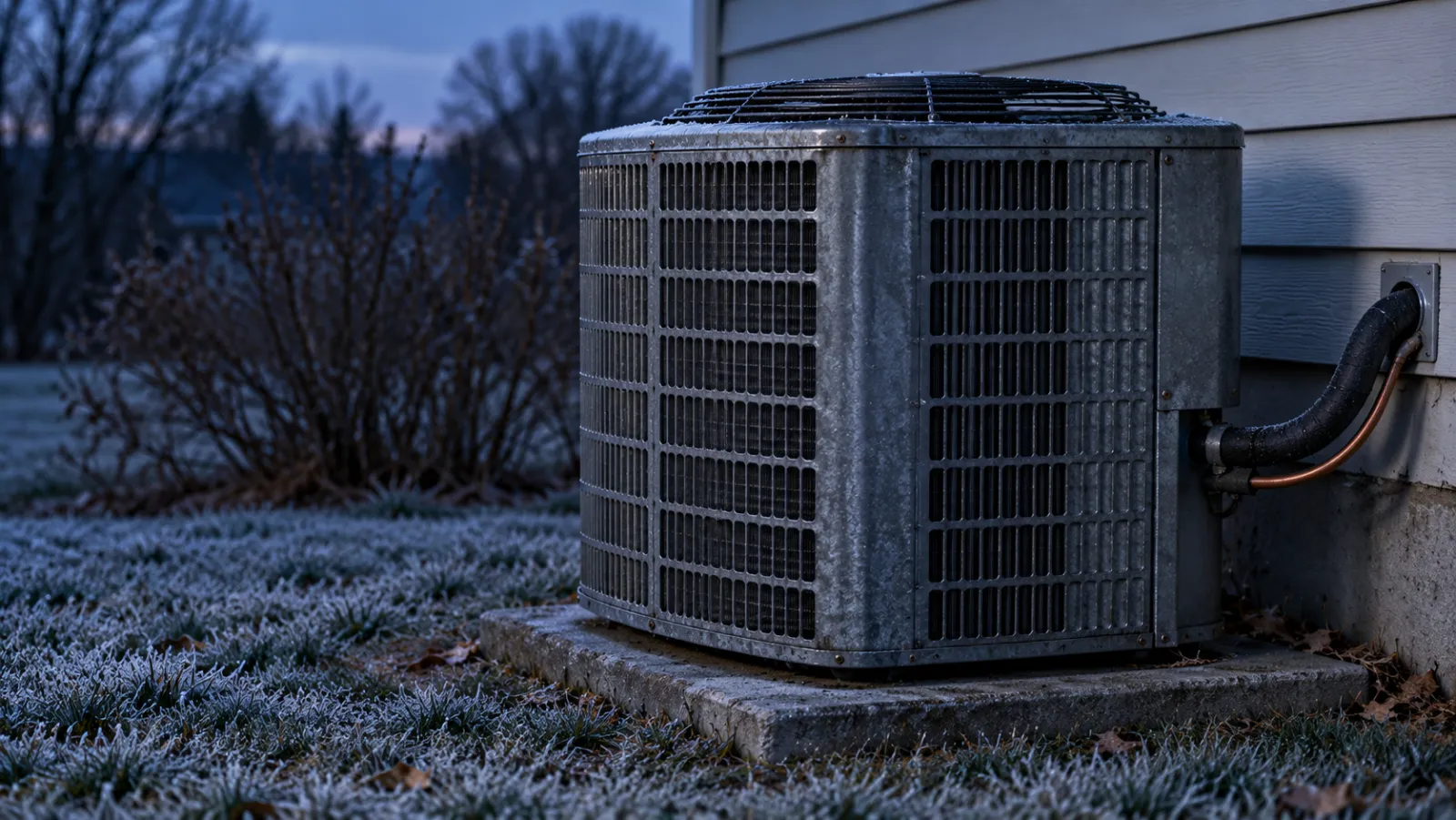 Illustrative outdoor air conditioner on a concrete pad beside a house, with frost on the grass at dusk